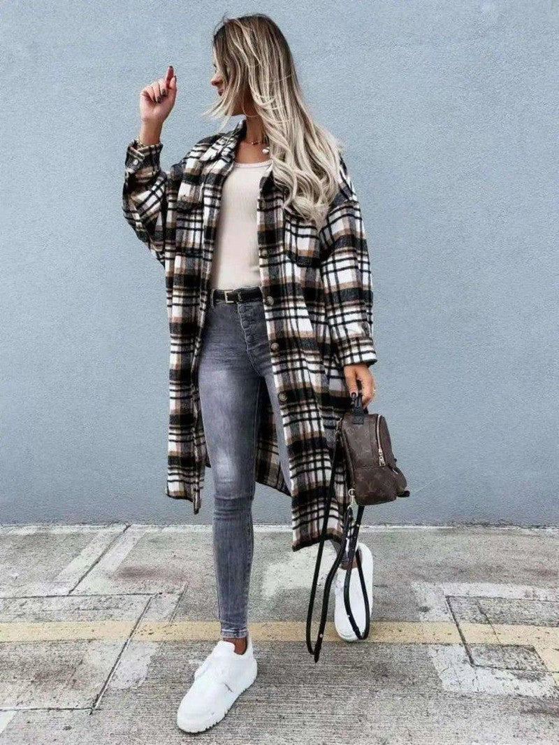 Cheky - Long Plaid Single-Breasted Lapel Shirt Jacket