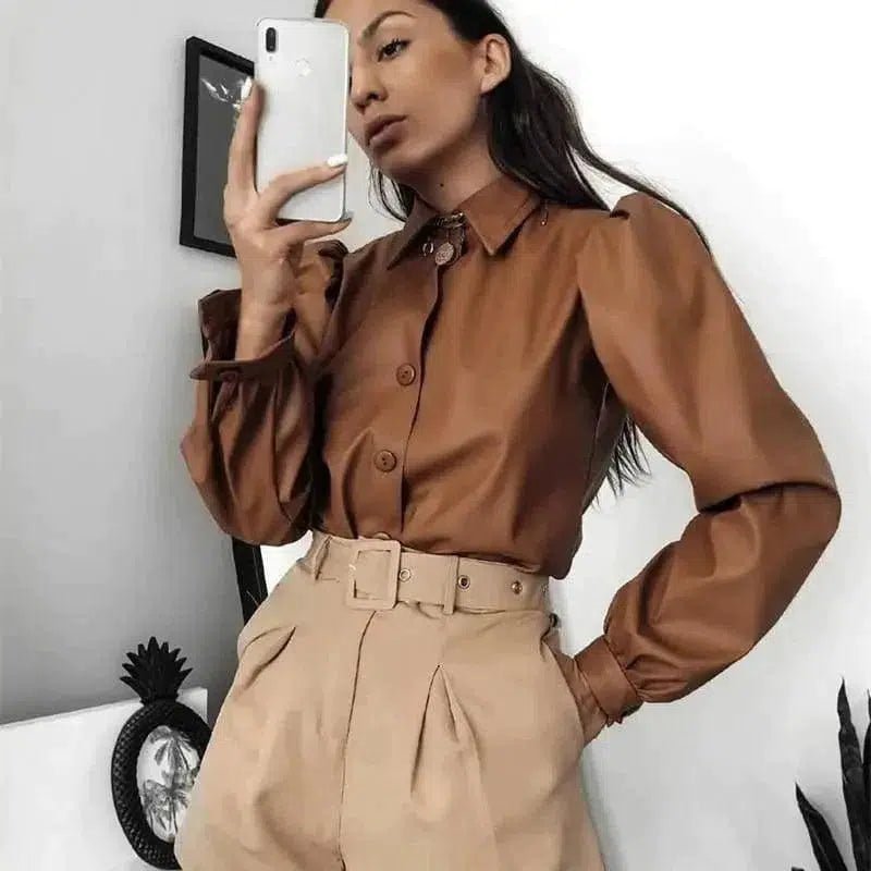 Cheky - Long Puff Sleeve Turn Down Collar Women Leather Shirt