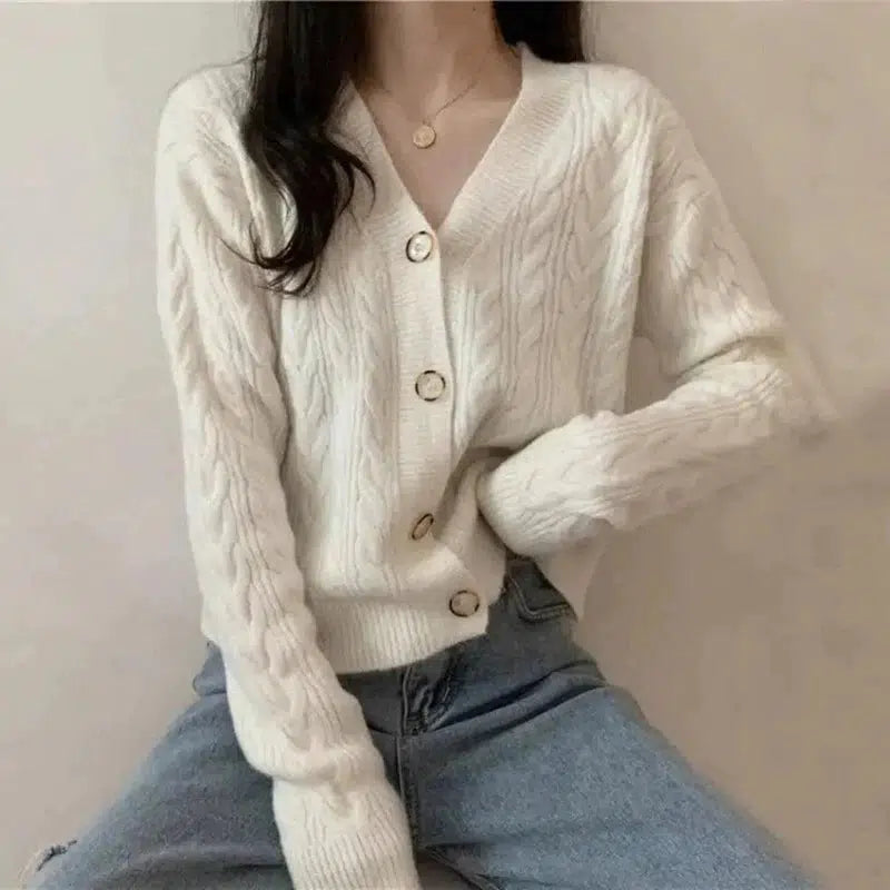 Cheky - Loose Short White Twist Sweater Coat