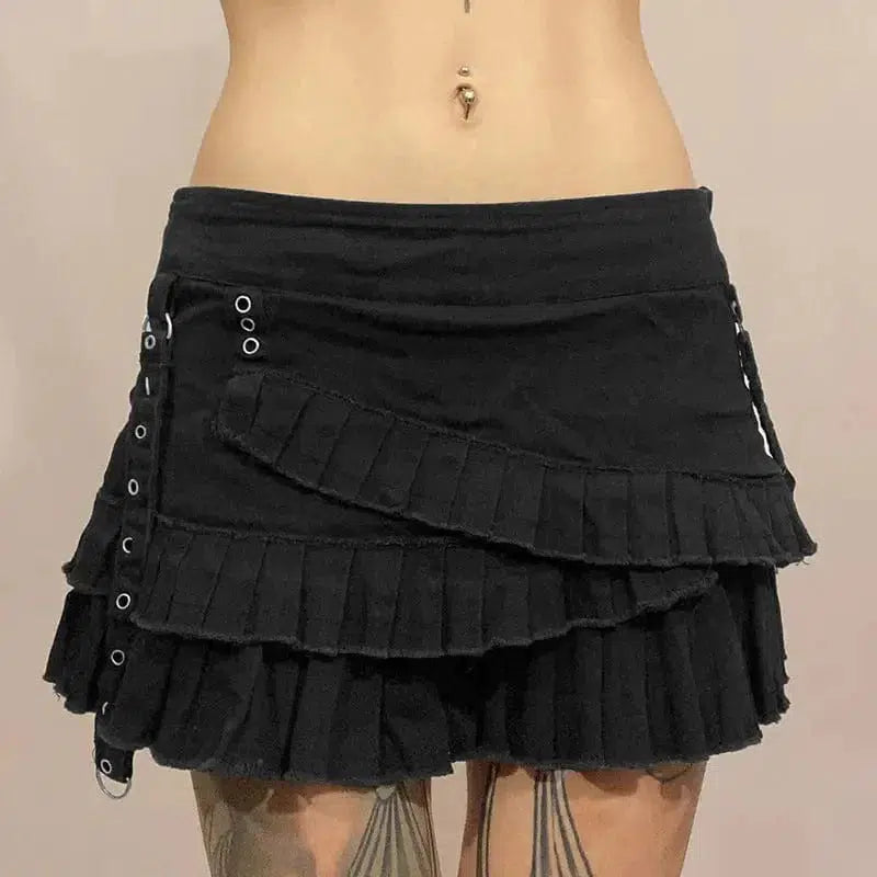 Cheky - Metal Buckle Irregular Pleated Denim Skirt