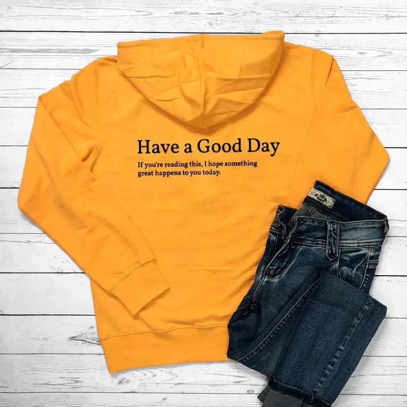 Cheky - Minimalist Have A Good Day Printed Back Casual Hooded Pocket Sweater