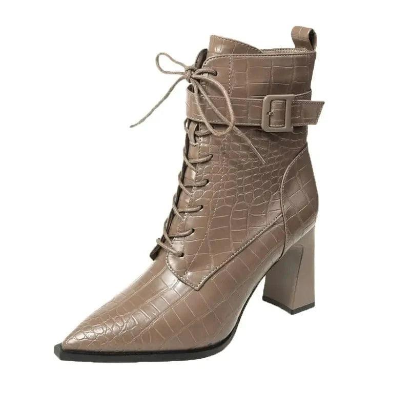 Cheky - Pointed-toe Boots Winter Alligator Pattern Lace-up Shoes Women