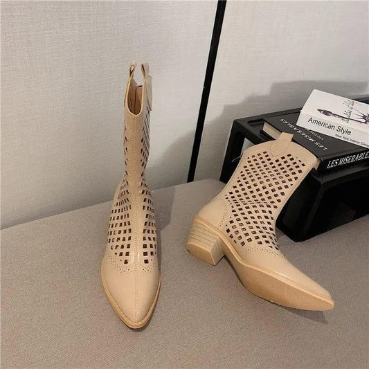 Cheky - Pointed Western Cowboy Boots Women Thin Hollow Knight Thick Heel Net Boots Sandals