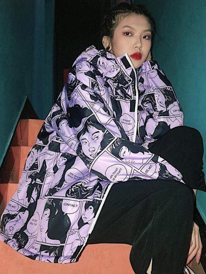 Cheky - Portrait comic print coat hooded cotton jacket