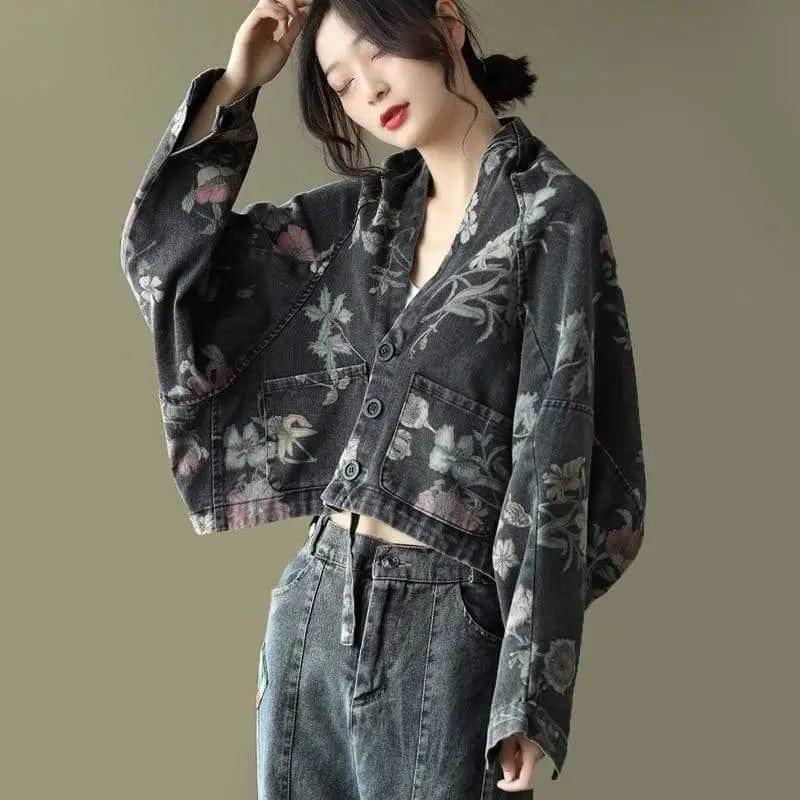 Cheky - Printed Denim Short Jacket Ladies Loose Bat Sleeve Cardigan