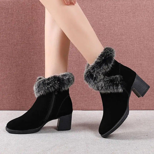 Cheky - Rabbit Fur Snow Boots Women Cotton Shoes Mid Heel Plus Velvet Thick Warm