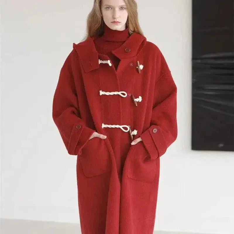 Cheky - Retro Red Wool Double Faced Woolen Coat Women