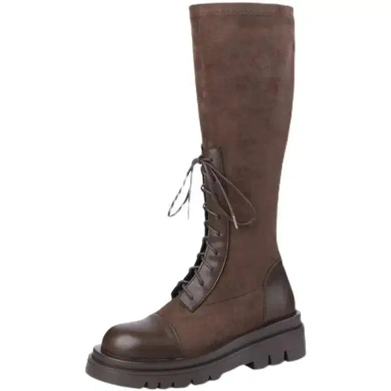 Cheky - Thick-soled Thinner Lace-up Knight Boots Women Are Small But Knee-length Autumn And Winter