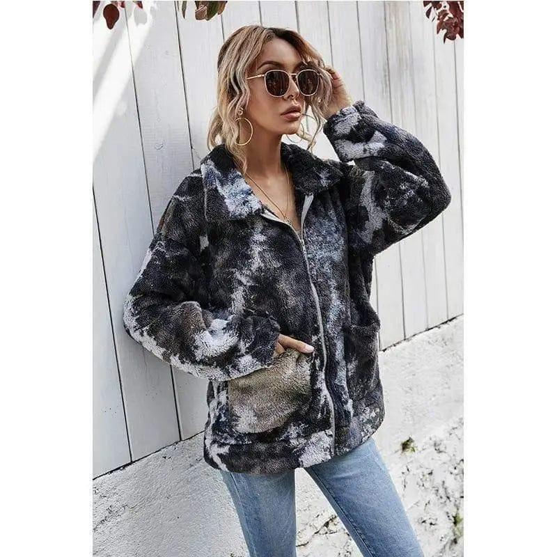 Cheky - Tie dyed Plush zipper loose coat