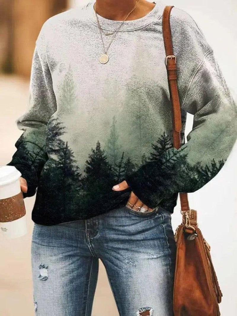 Cheky - Women's Landscape Floral Print Long Sleeve Pullover