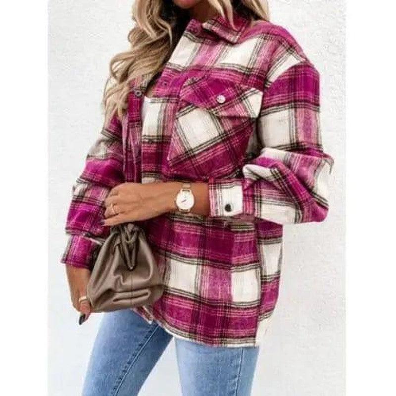 Cheky - Women's Long-sleeved Plaid Print Mid-length Shirt Jacket