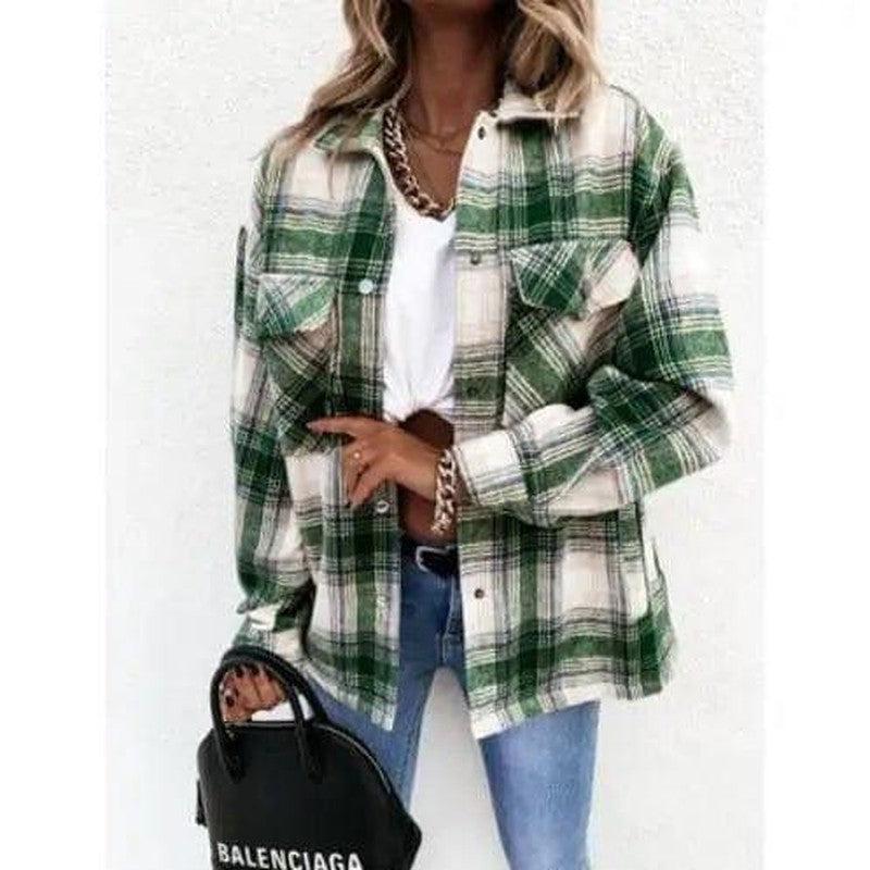 Cheky - Women's Long-sleeved Plaid Print Mid-length Shirt Jacket