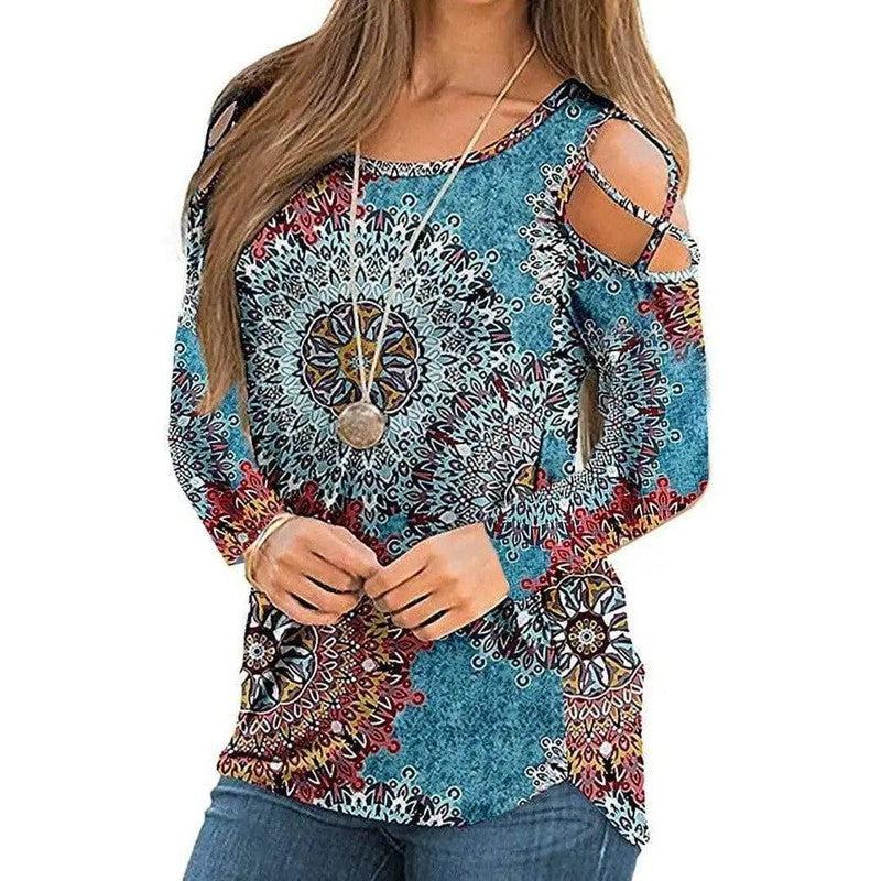 Cheky - Women's Printed Long Sleeve Off Shoulder T-Shirt Women's Top