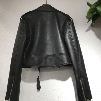 Cheky - Women's Short Lace-up Motorcycle Pu Leather Jacket